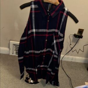 Navy Blue Plaid Sleeveless Button-Up Shirt
